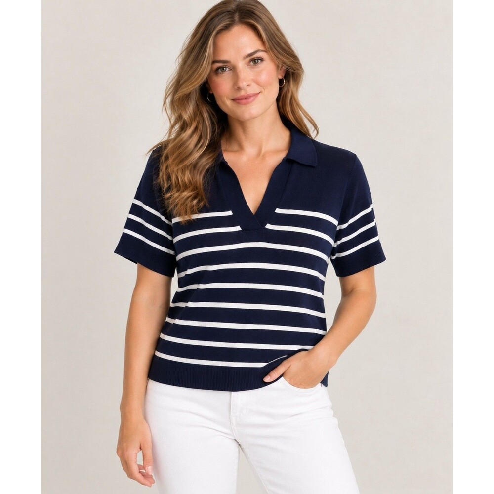 Jones New York  Signature Navy Blue Striped Knit Polo Sweater Short Sleeve M